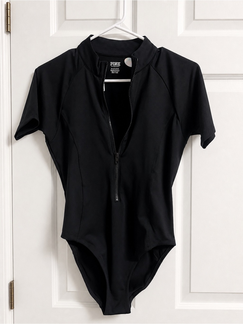 PINK Victoria's Secret Black Short-Sleeve Zip Front One-Piece
